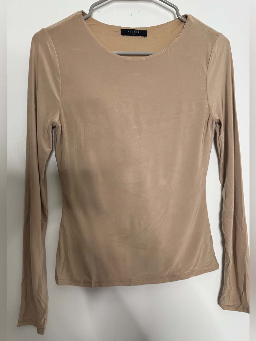 Women's Long-Sleeve Crewneck Top in Beige fitted stretch neutral tones Sz large